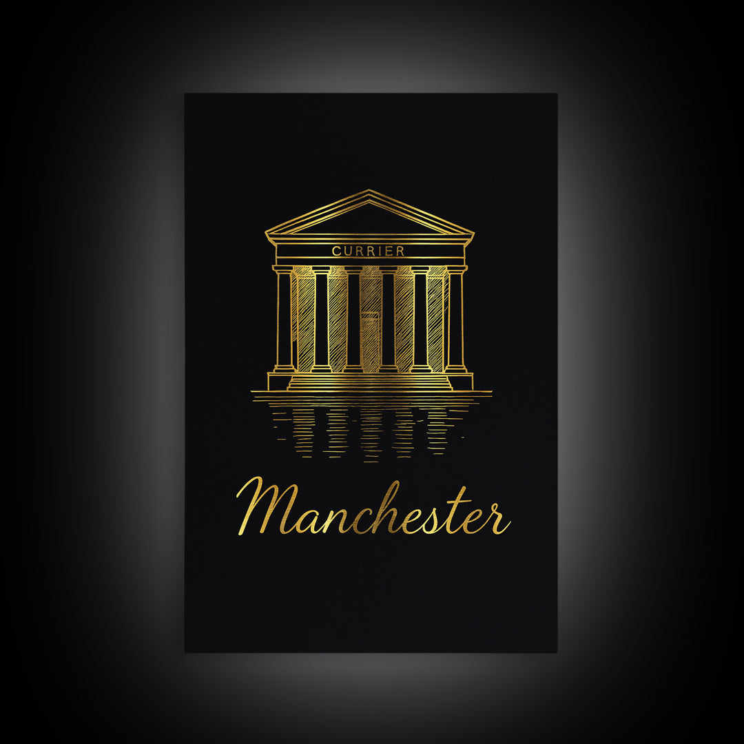 Manchester Travel Poster, Framed Canvas Print, Gold Outline Poster Art, Manchester Poster Print, Vintage City Art, Mid Century Wall Art