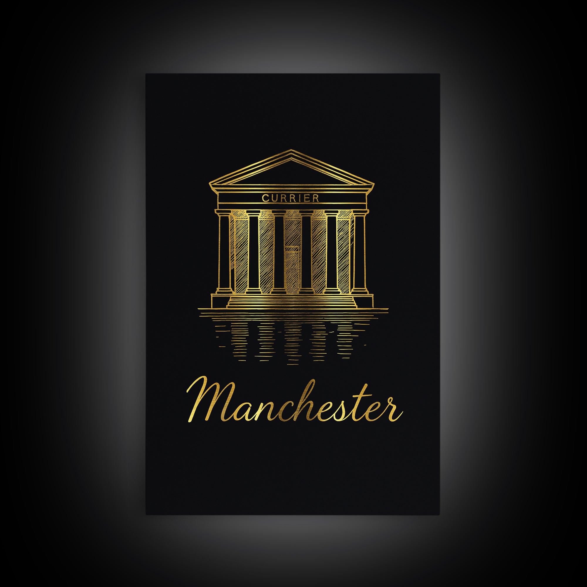 Manchester Travel Poster, Framed Canvas Print, Gold Outline Poster Art, Manchester Poster Print, Vintage City Art, Mid Century Wall Art