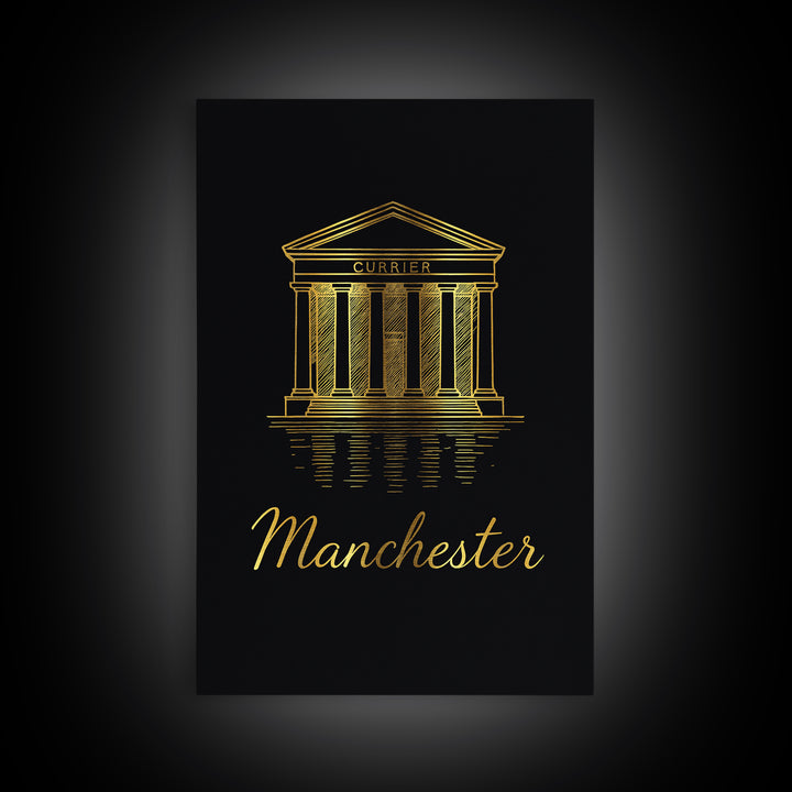 Manchester Travel Poster, Framed Canvas Print, Gold Outline Poster Art, Manchester Poster Print, Vintage City Art, Mid Century Wall Art