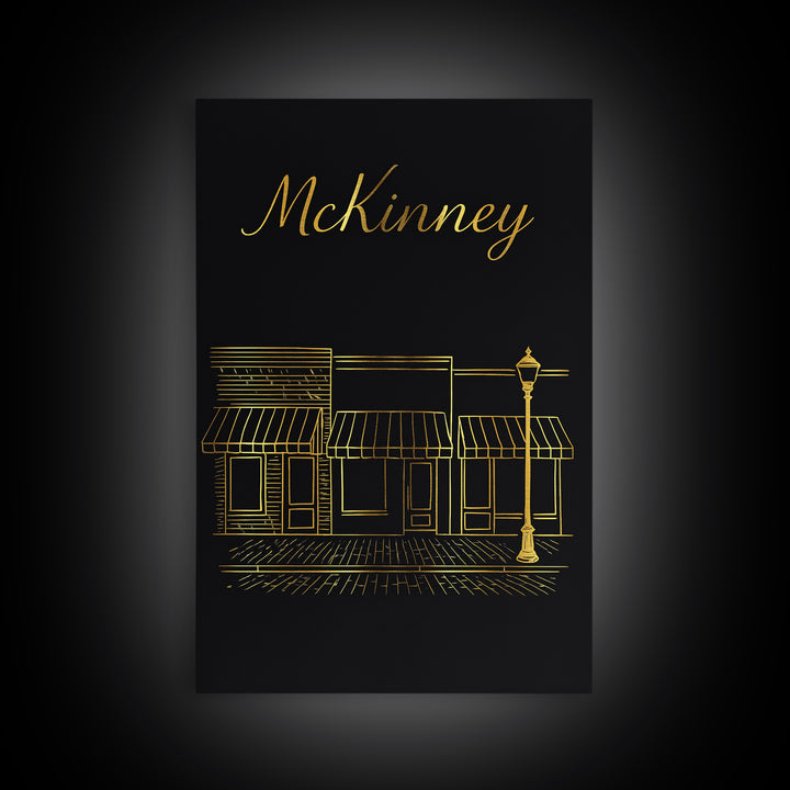 Mckinney Texas Travel Poster, Canvas Print, Minimalist Gold Line Art, Mckinney Wall Art, Office Decor, City Travel Prints, Travel Art