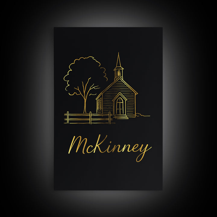 Mckinney Travel Poster, Framed Canvas Print, Minimalist Gold Line Art, Mckinney Poster Print, City Art Print, Travel Wall Decor