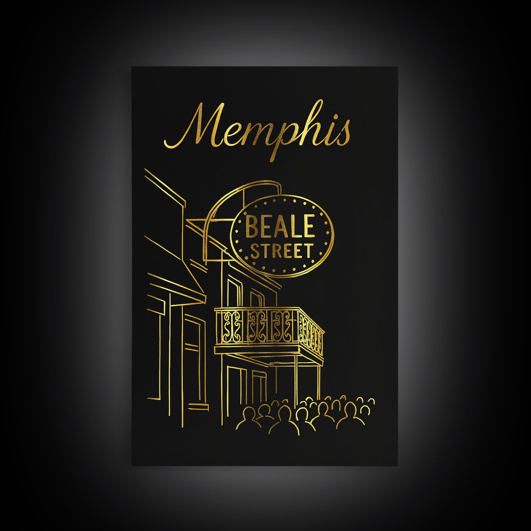 Memphis Tennessee Travel Poster, Framed Canvas Print, Gold Outline Poster Art, Memphis City Art, Vintage Travel Print, Travel Poster Art