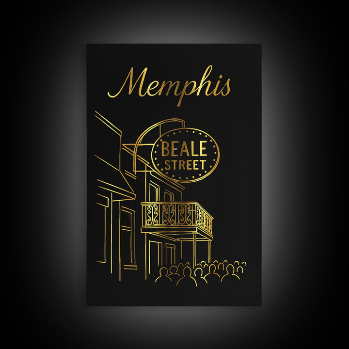 Memphis Tennessee Travel Poster, Framed Canvas Print, Gold Outline Poster Art, Memphis City Art, Vintage Travel Print, Travel Poster Art