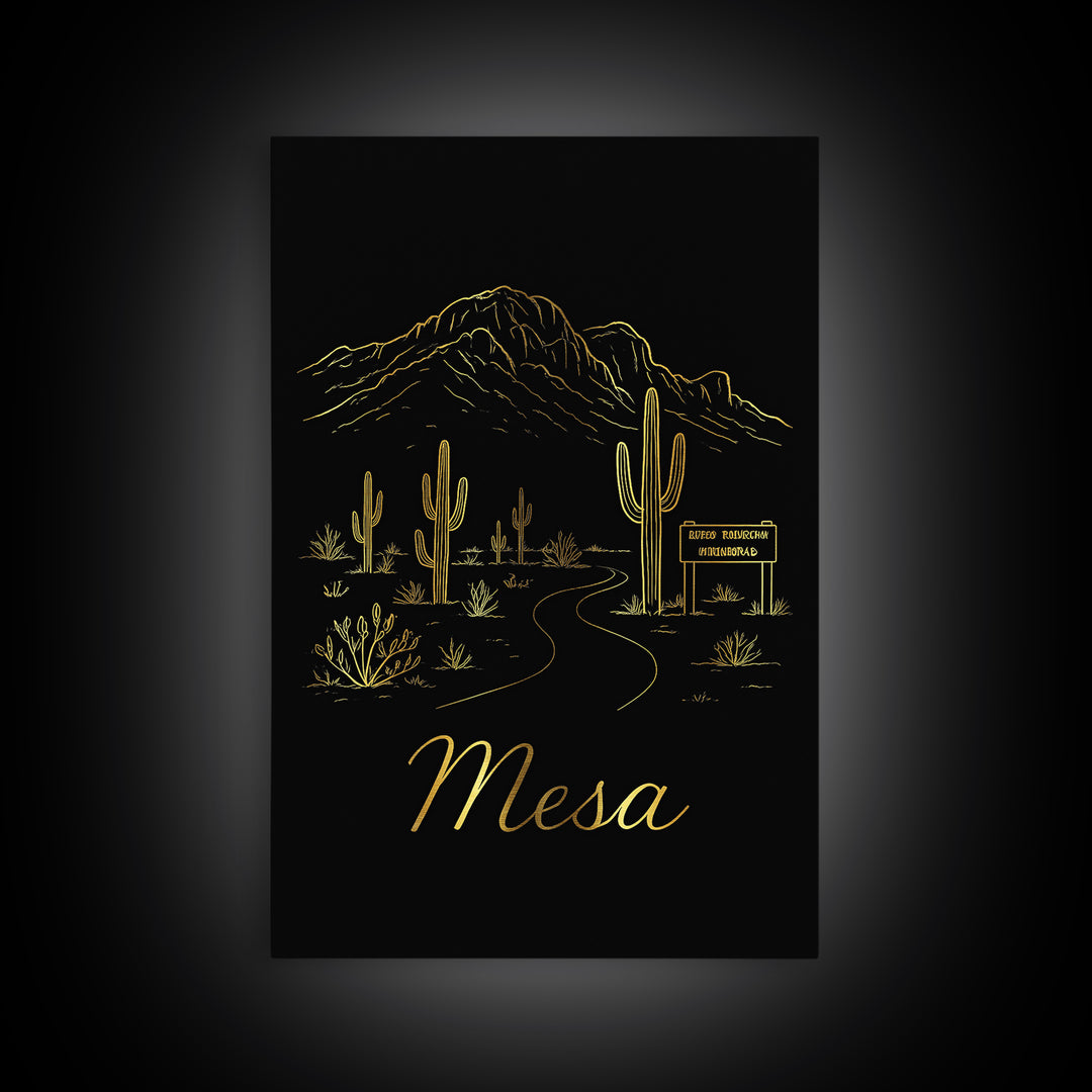 Mesa Arizona Travel Poster, Canvas Print, Gold Outline Poster Art, Mesa Poster Print, Wanderlust Decor, City Art Print, Retro Travel Print