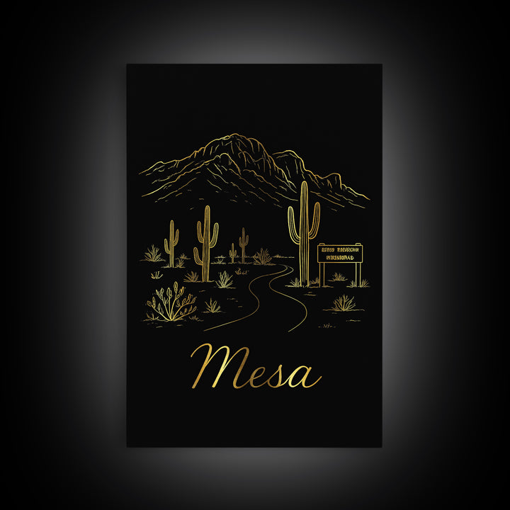 Mesa Arizona Travel Poster, Canvas Print, Gold Outline Poster Art, Mesa Poster Print, Wanderlust Decor, City Art Print, Retro Travel Print