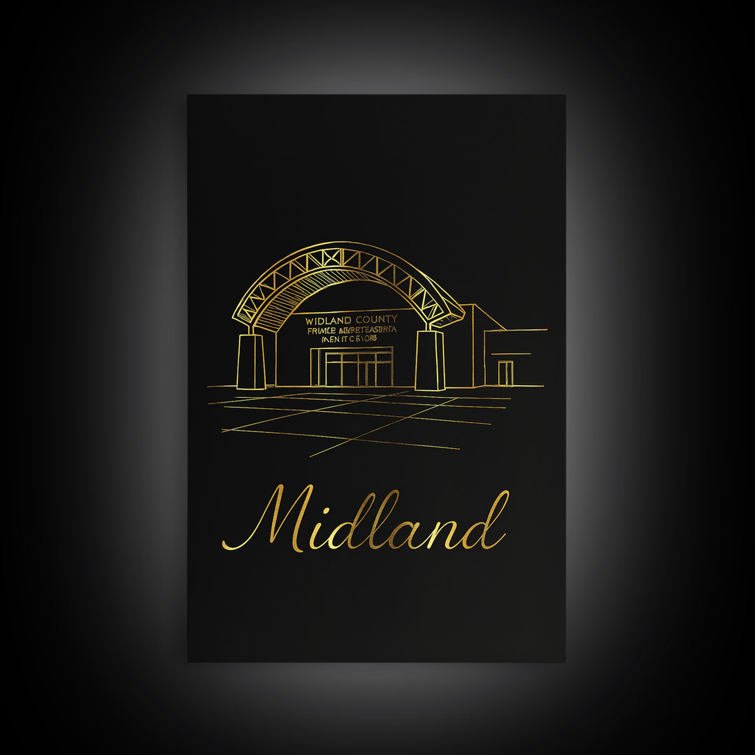 Midland Texas Travel Poster, Framed Canvas Print, Black Gold Minimalist Art, Midland City Art, City Travel Prints, Travel Wall Art, Wall Art