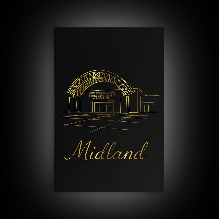 Midland Texas Travel Poster, Framed Canvas Print, Black Gold Minimalist Art, Midland City Art, City Travel Prints, Travel Wall Art, Wall Art