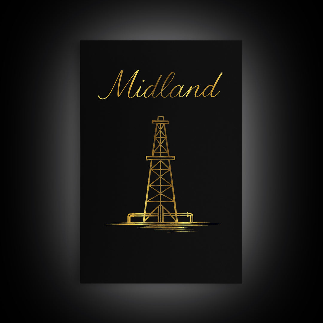Midland Travel Poster, Framed Canvas Print, Minimalist Gold Line Art, Midland Art Print, Vintage Travel Print, Vintage Travel Art