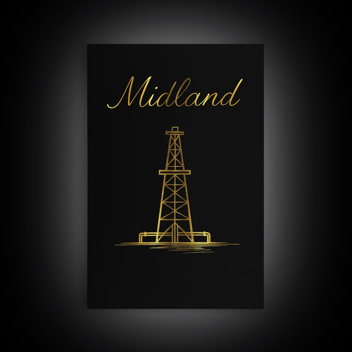Midland Travel Poster, Framed Canvas Print, Minimalist Gold Line Art, Midland Art Print, Vintage Travel Print, Vintage Travel Art