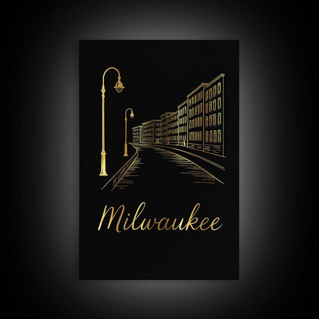 Milwaukee Travel Poster, Framed Canvas Print, Gold Outline Poster Art, Milwaukee Wall Art, Travel Poster Set, Eclectic Wall Decor