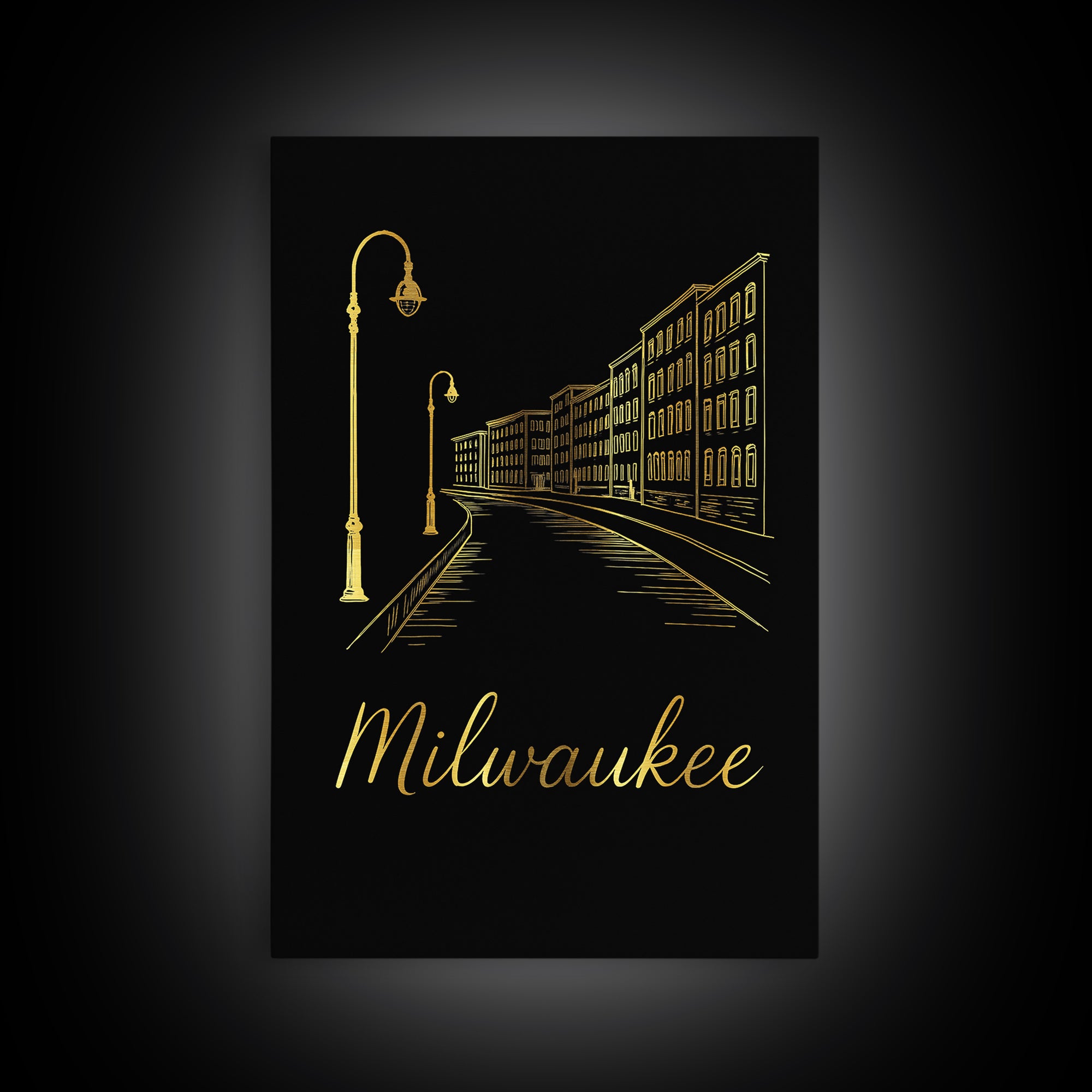Milwaukee Travel Poster, Framed Canvas Print, Gold Outline Poster Art, Milwaukee Wall Art, Travel Poster Set, Eclectic Wall Decor