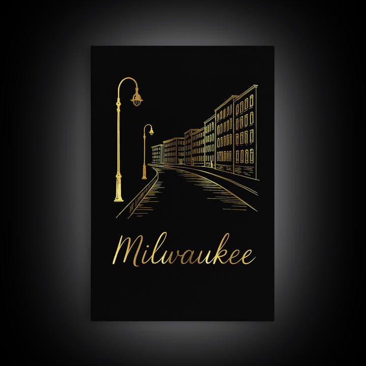 Milwaukee Travel Poster, Framed Canvas Print, Gold Outline Poster Art, Milwaukee Wall Art, Travel Poster Set, Eclectic Wall Decor