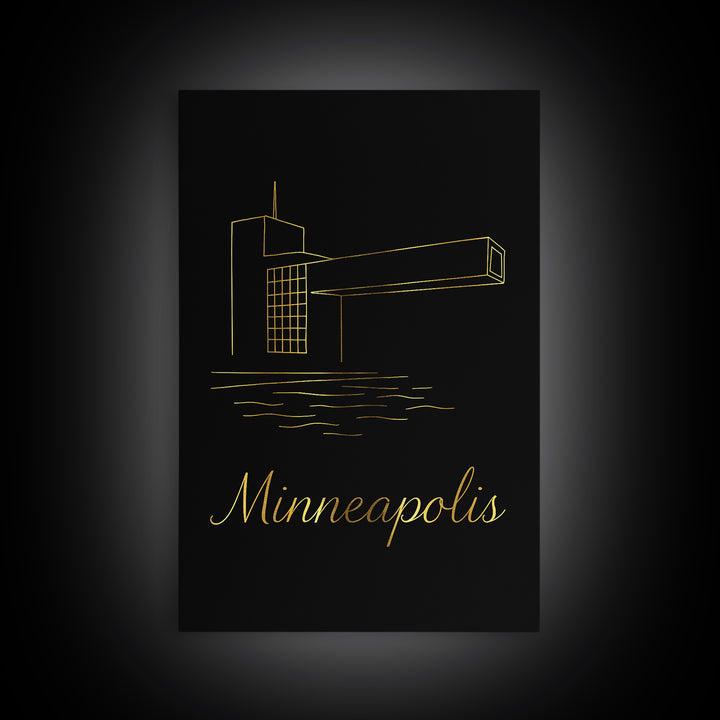 Minneapolis Minnesota Travel Poster, Canvas Print, Black Gold Minimalist Art, Minneapolis Art Print, City Illustration, Vintage City Art