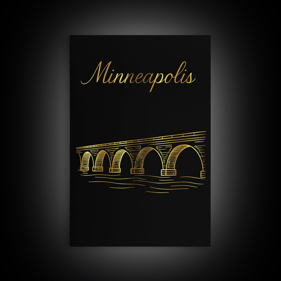 Minneapolis Travel Poster, Framed Canvas Print, Black Gold Minimalist Art, Minneapolis Travel Art, Gift For Travelers, Home Office Decor