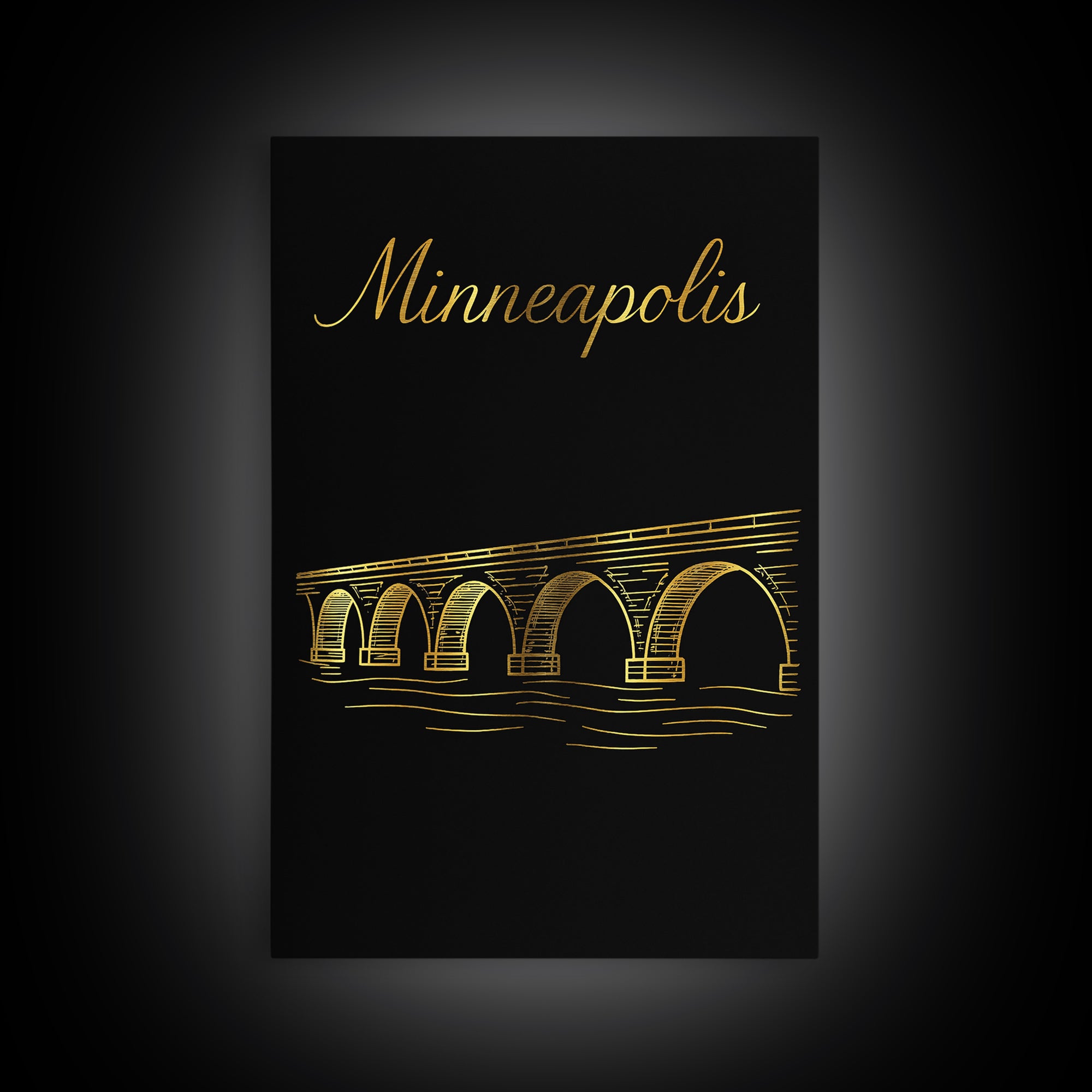 Minneapolis Travel Poster, Framed Canvas Print, Black Gold Minimalist Art, Minneapolis Travel Art, Gift For Travelers, Home Office Decor