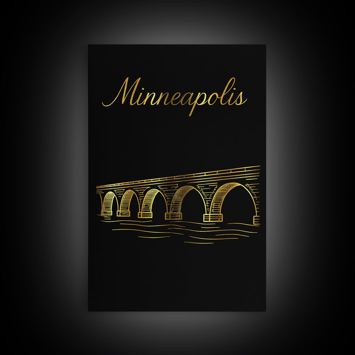 Minneapolis Travel Poster, Framed Canvas Print, Black Gold Minimalist Art, Minneapolis Travel Art, Gift For Travelers, Home Office Decor