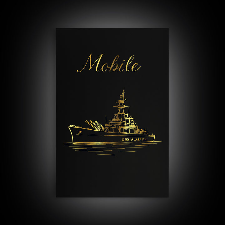 Mobile Alabama Travel Poster, Framed Canvas Print, Minimalist Gold Line Art, Mobile Poster Print, Vintage City Art, Living Room Wall Art