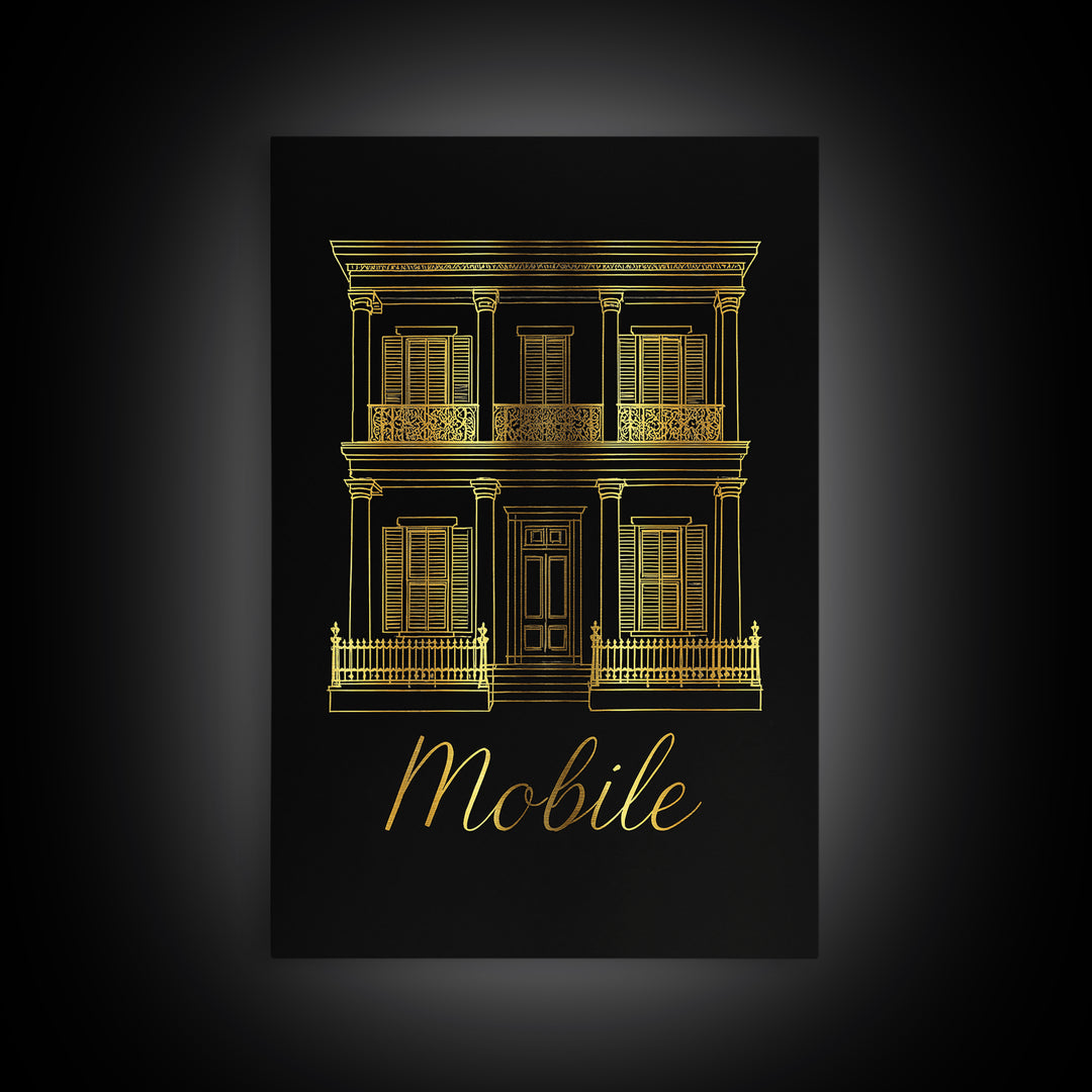 Mobile Travel Poster, Framed Canvas Print, Minimalist Gold Line Art, Mobile Wall Art, Living Room Wall Art, Vintage City Poster