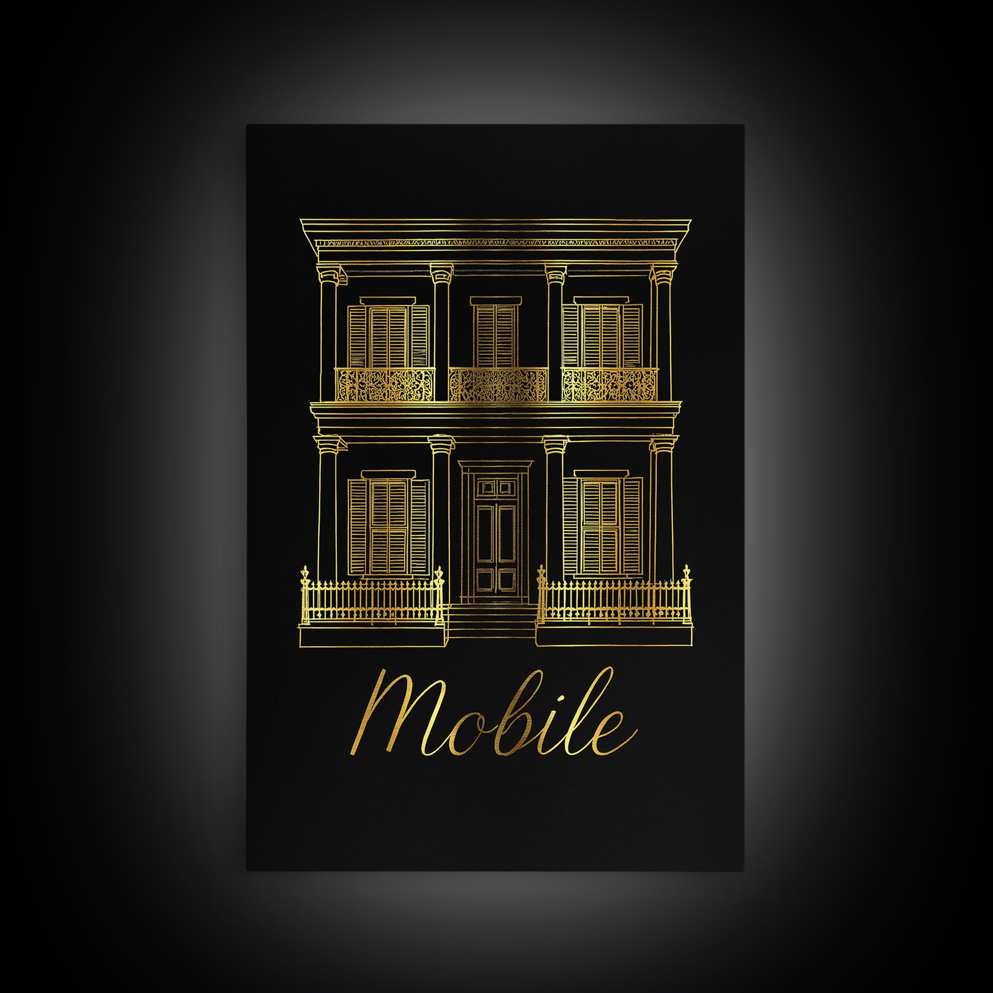 Mobile Travel Poster, Framed Canvas Print, Minimalist Gold Line Art, Mobile Wall Art, Living Room Wall Art, Vintage City Poster