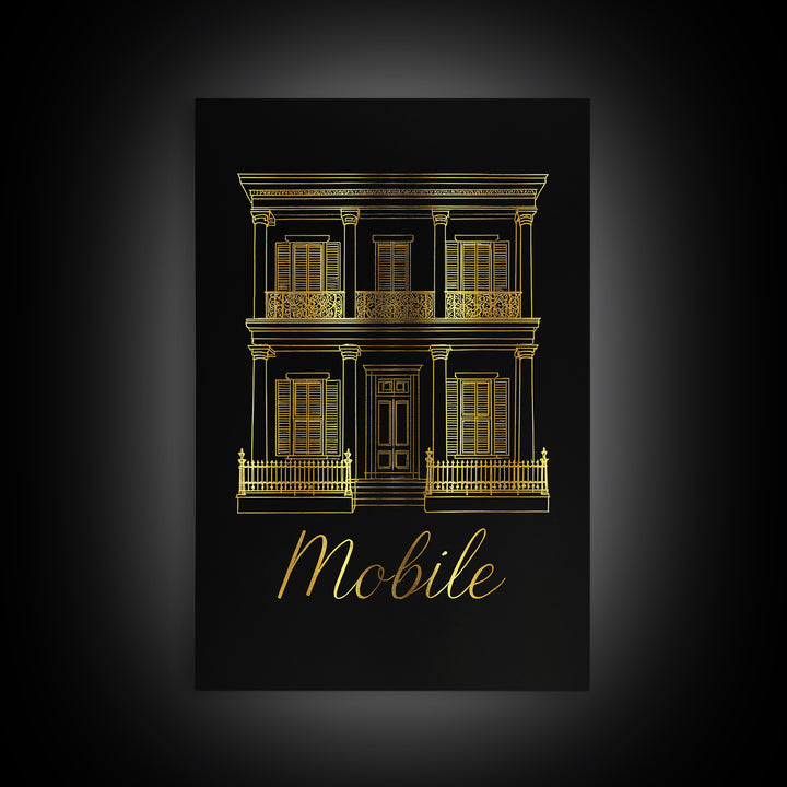 Mobile Travel Poster, Framed Canvas Print, Minimalist Gold Line Art, Mobile Wall Art, Living Room Wall Art, Vintage City Poster