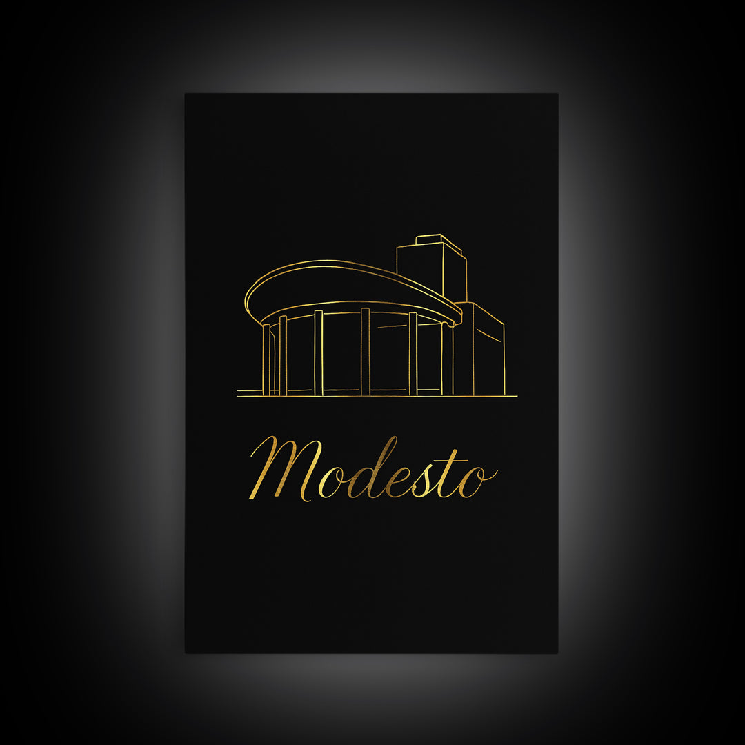 Modesto California Travel Poster, Framed Canvas Print, Minimalist Gold Line Art, Modesto Poster Print, Travel Poster Art, Gift For Travelers