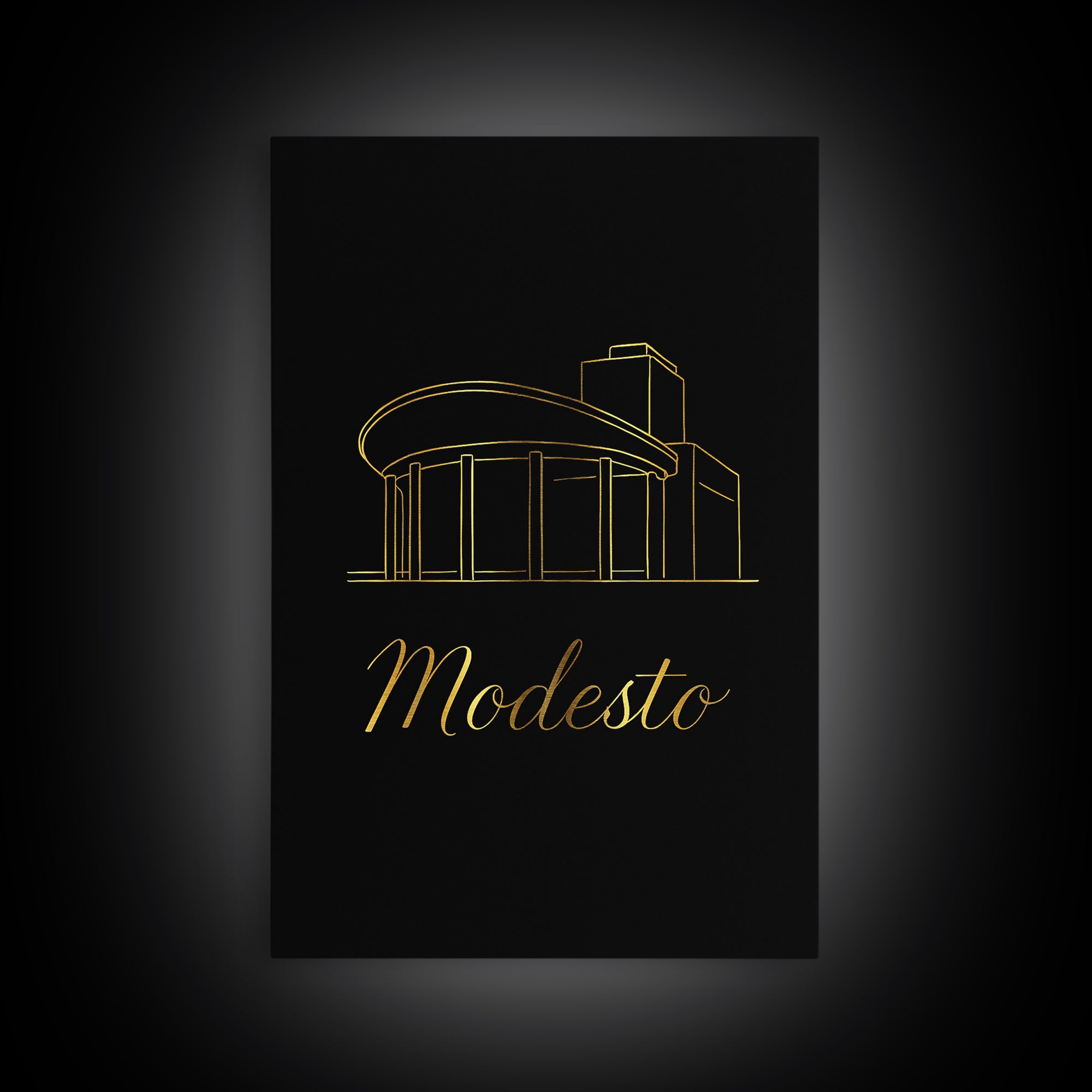 Modesto California Travel Poster, Framed Canvas Print, Minimalist Gold Line Art, Modesto Poster Print, Travel Poster Art, Gift For Travelers