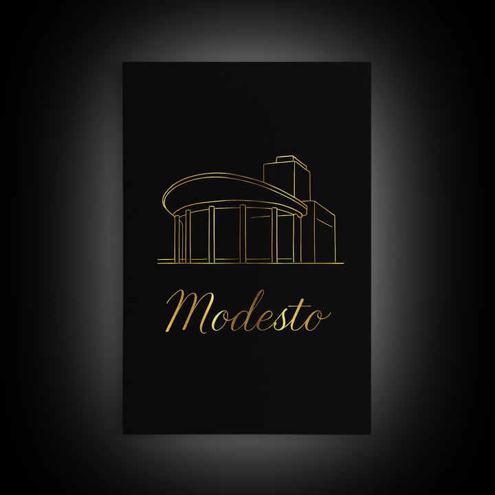 Modesto California Travel Poster, Framed Canvas Print, Minimalist Gold Line Art, Modesto Poster Print, Travel Poster Art, Gift For Travelers