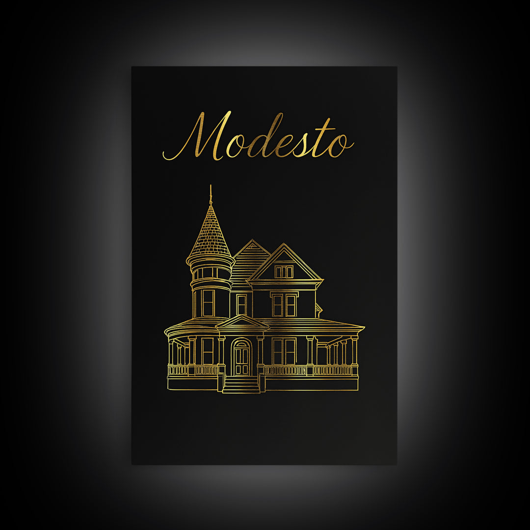Modesto Travel Poster, Canvas Print, Black Gold Minimalist Art, Modesto Art Print, Travel Poster Art, City Art Print, Vintage City Art