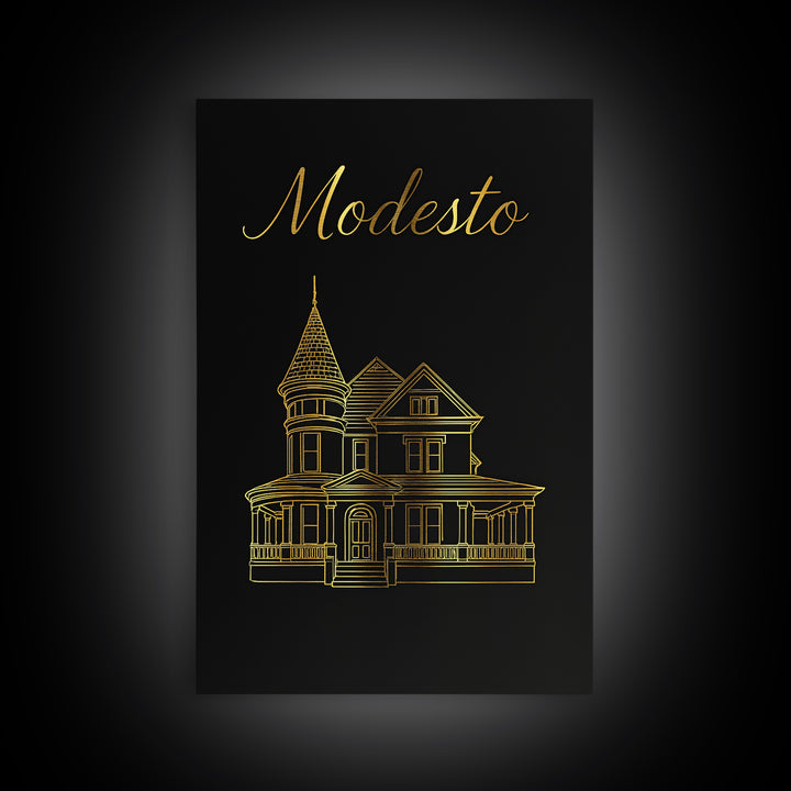 Modesto Travel Poster, Canvas Print, Black Gold Minimalist Art, Modesto Art Print, Travel Poster Art, City Art Print, Vintage City Art