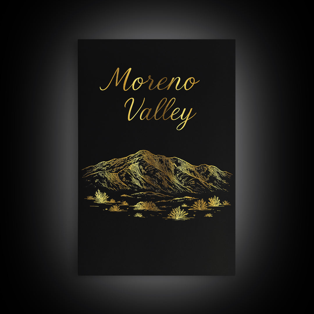 Moreno Valley Travel Poster, Framed Canvas Print, Gold Outline Poster Art, Moreno Valley Travel Art, Modern Wall Decor, City Illustration