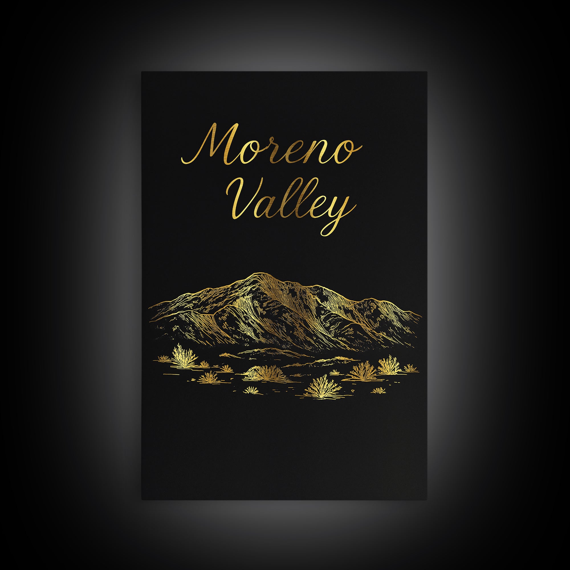 Moreno Valley Travel Poster, Framed Canvas Print, Gold Outline Poster Art, Moreno Valley Travel Art, Modern Wall Decor, City Illustration