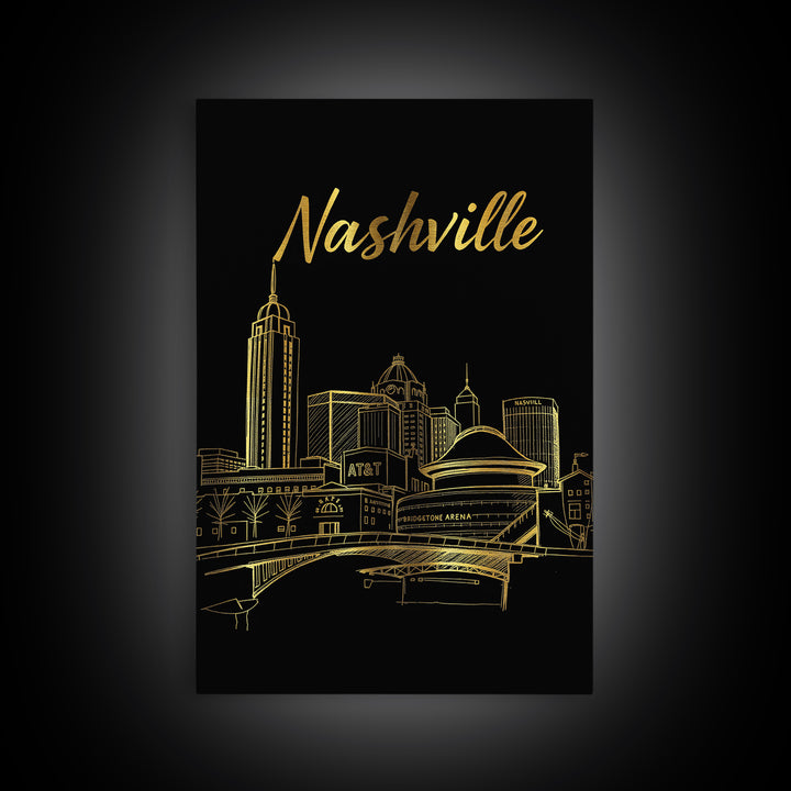 Nashville Tennessee Travel Poster, Canvas Print, Gold Outline Poster Art, Nashville Travel Art, City Art, Watercolor Downtown Skyline