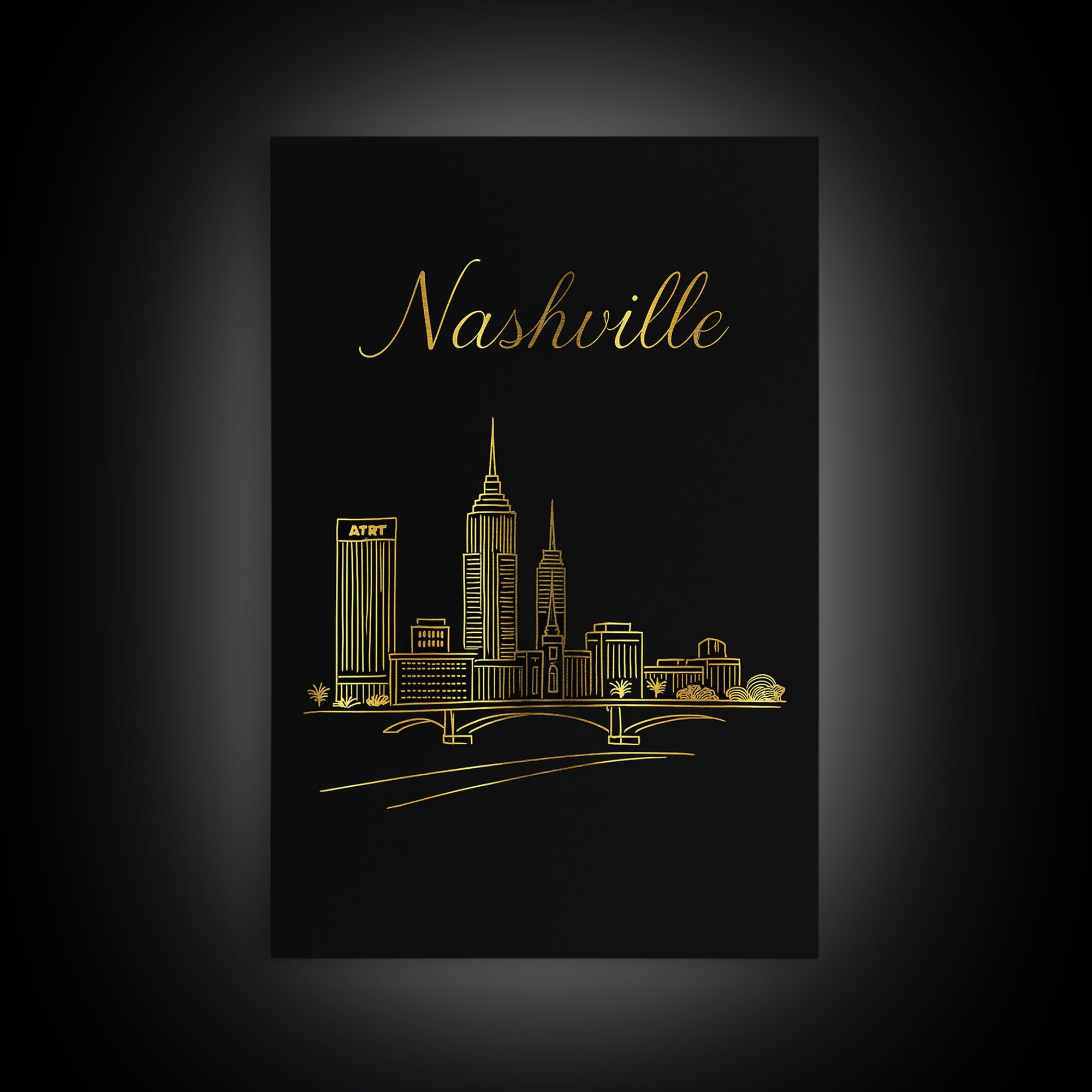 Nashville Travel Poster, Framed Canvas Print, Minimalist Gold Line Art, Nashville Travel Art, Travel Poster Art, Gift For Travelers