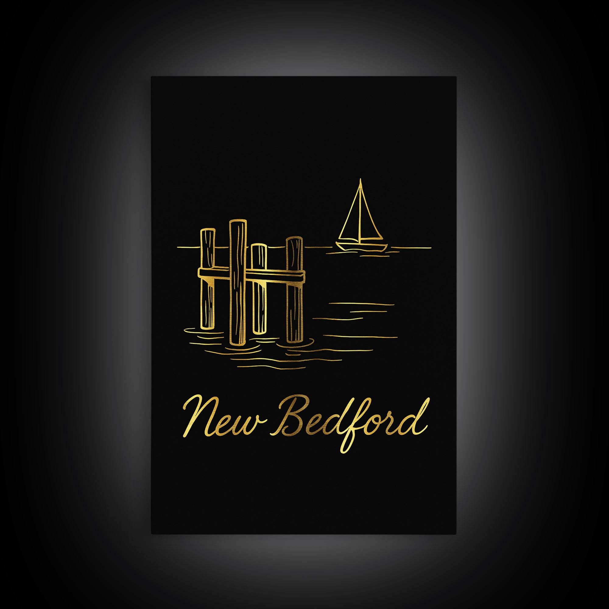 New Bedford Travel Poster, Canvas Print, Gold Outline Poster Art, New Bedford Travel Art, Travel Wall Decor, Home Office Decor