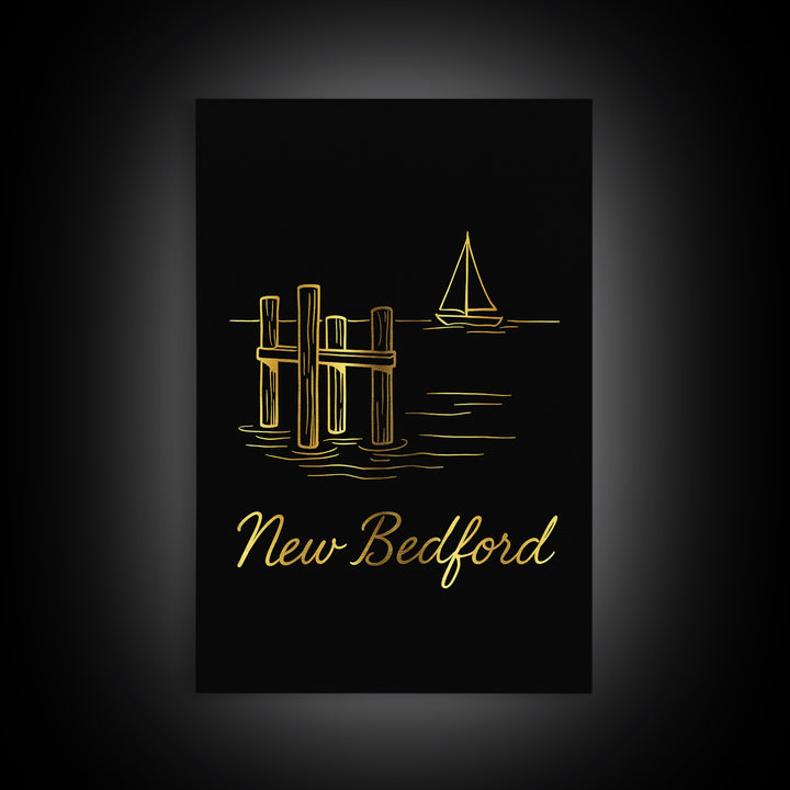 New Bedford Travel Poster, Canvas Print, Gold Outline Poster Art, New Bedford Travel Art, Travel Wall Decor, Home Office Decor