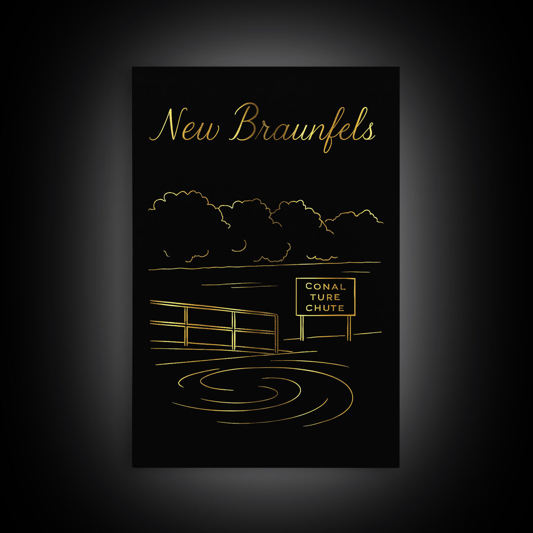 New Braunfels Texas Travel Poster, Canvas Print, Gold Outline Poster Art, New Braunfels Poster Print, Vintage Travel Art, City Art Print