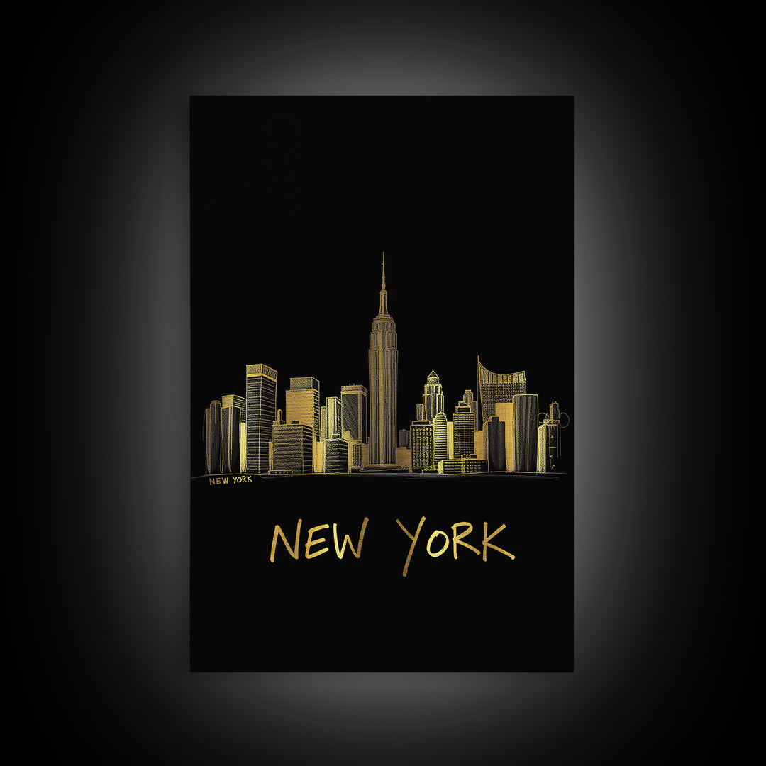 New York Travel Poster, Canvas Print, Minimalist Gold Line Art, New York Wall Art, Living Room Wall Art, Eclectic Wall Decor, Wall Art