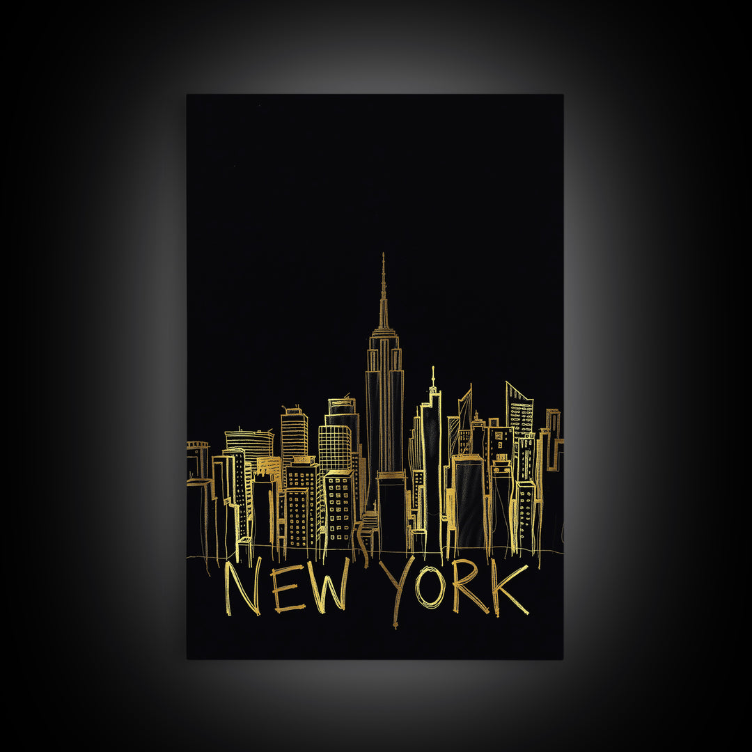 New York Travel Poster, Framed Canvas Print, Black Gold Minimalist Art, New York City Art, Wanderlust Decor, Mid Century Wall Art