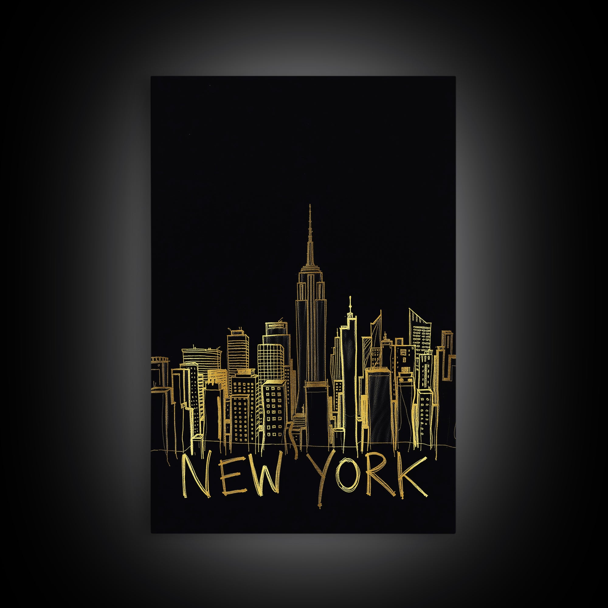 New York Travel Poster, Framed Canvas Print, Black Gold Minimalist Art, New York City Art, Wanderlust Decor, Mid Century Wall Art