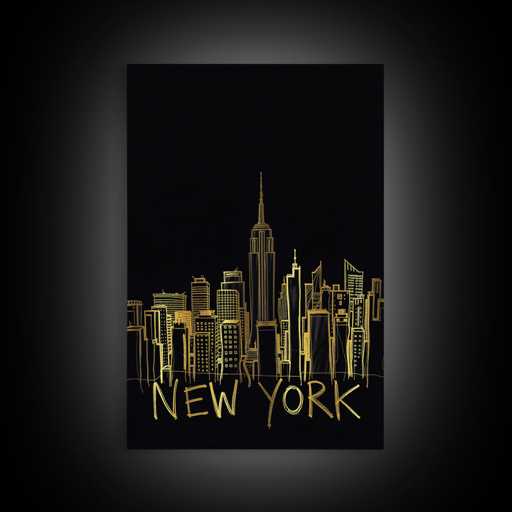 New York Travel Poster, Framed Canvas Print, Black Gold Minimalist Art, New York City Art, Wanderlust Decor, Mid Century Wall Art