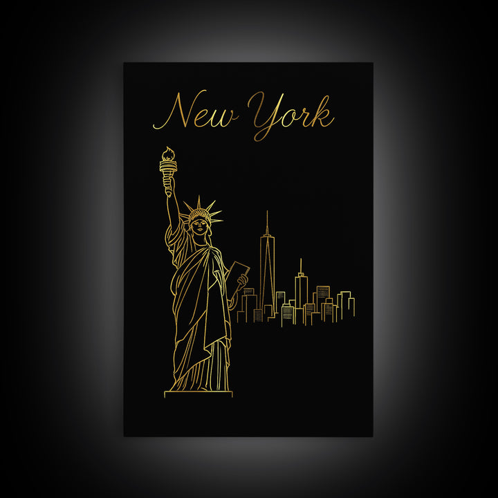 New York Travel Poster, Framed Canvas Print, Minimalist Gold Line Art, New York Art Print, Home Office Decor, Mid Century Wall Art