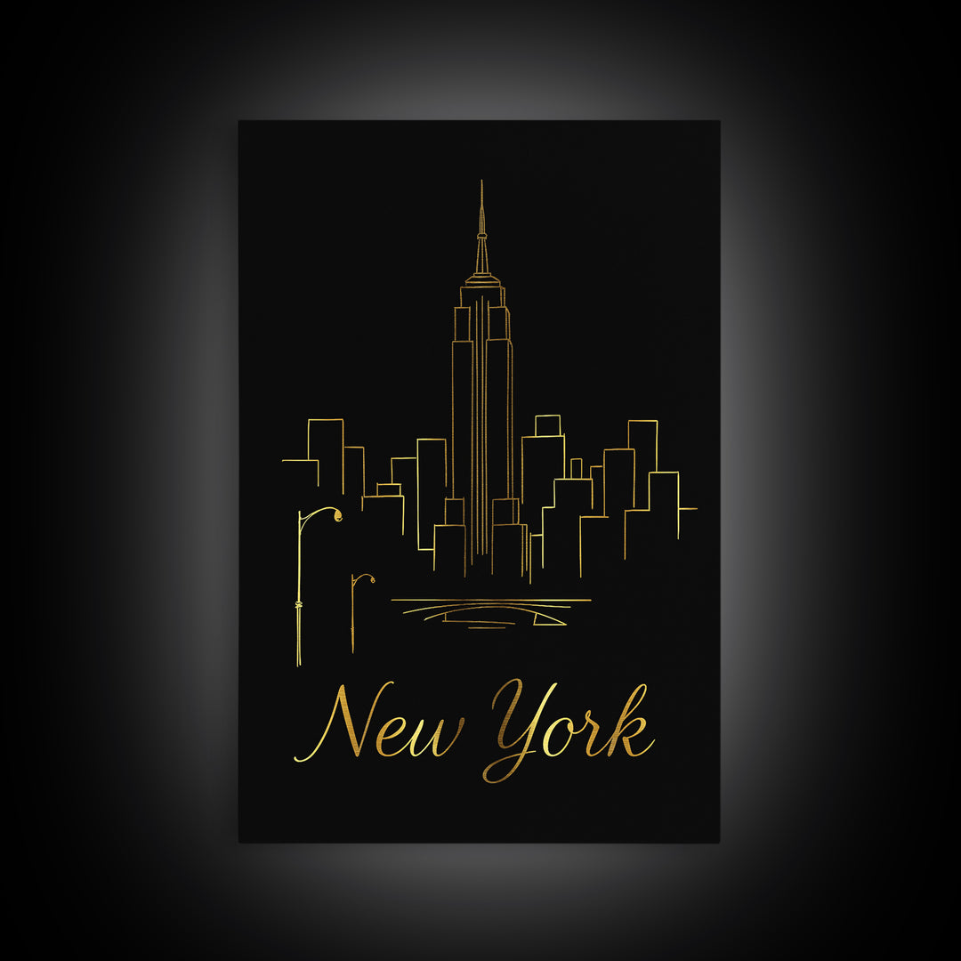 New York Travel Poster, Framed Canvas Print, Black Gold Minimalist Art, New York Wall Art, Eclectic Wall Decor, Mid Century Wall Art