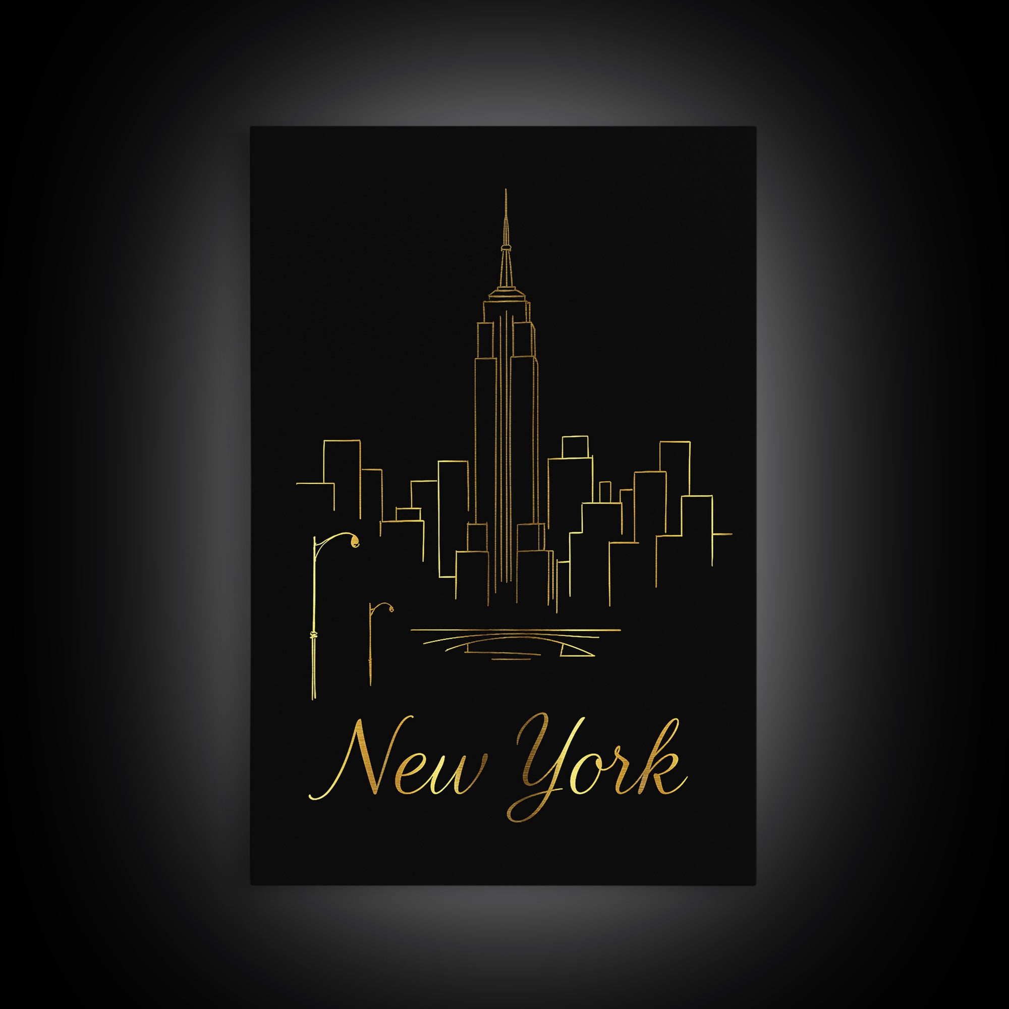 New York Travel Poster, Framed Canvas Print, Black Gold Minimalist Art, New York Wall Art, Eclectic Wall Decor, Mid Century Wall Art