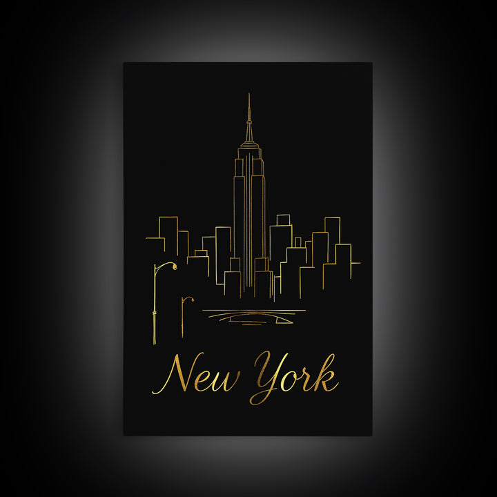 New York Travel Poster, Framed Canvas Print, Black Gold Minimalist Art, New York Wall Art, Eclectic Wall Decor, Mid Century Wall Art