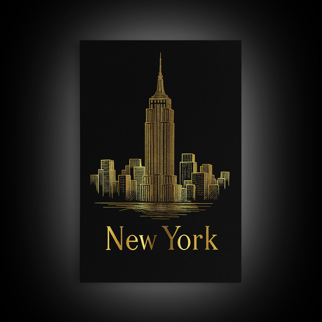 New York Travel Poster, Canvas Print, Gold Outline Poster Art, New York Art Print, Vintage City Poster, Vintage Travel Art, Retro Poster