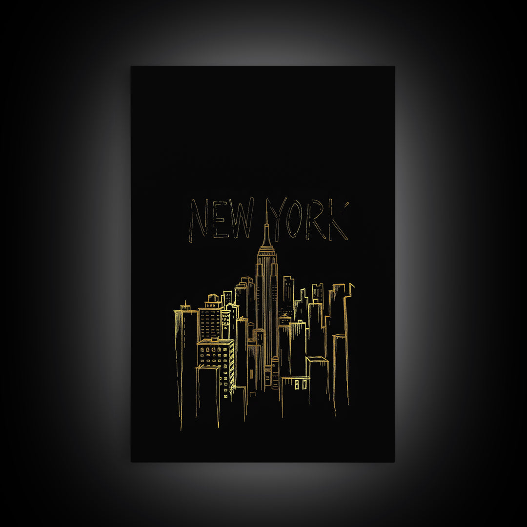 New York Travel Poster, Framed Canvas Print, Black Gold Minimalist Art, New York Poster Print, Travel Wall Art, Fine Art Print