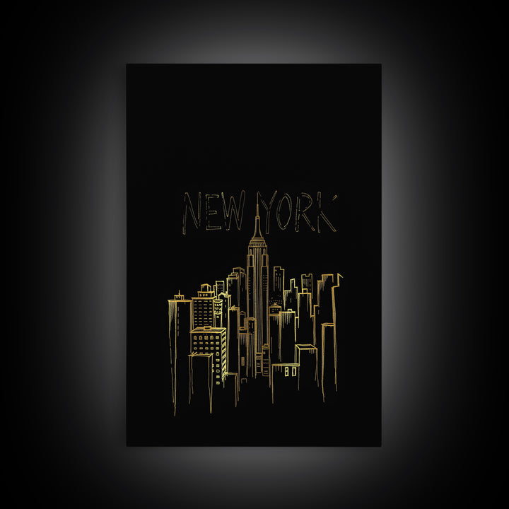New York Travel Poster, Framed Canvas Print, Black Gold Minimalist Art, New York Poster Print, Travel Wall Art, Fine Art Print