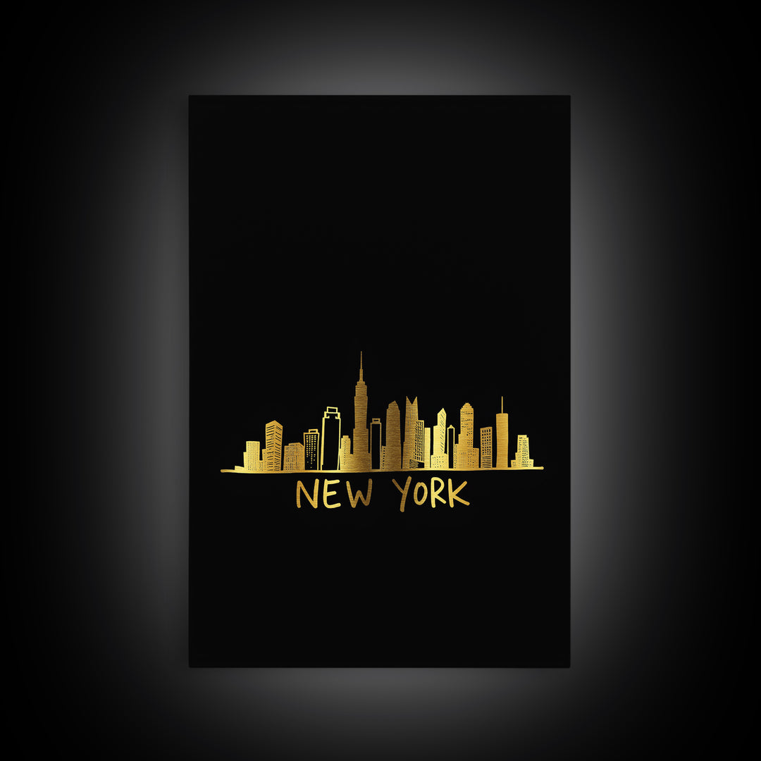 New York Travel Poster, Framed Canvas Print, Gold Outline Poster Art, New York Poster Print, Retro Travel Print, Vintage City Poster