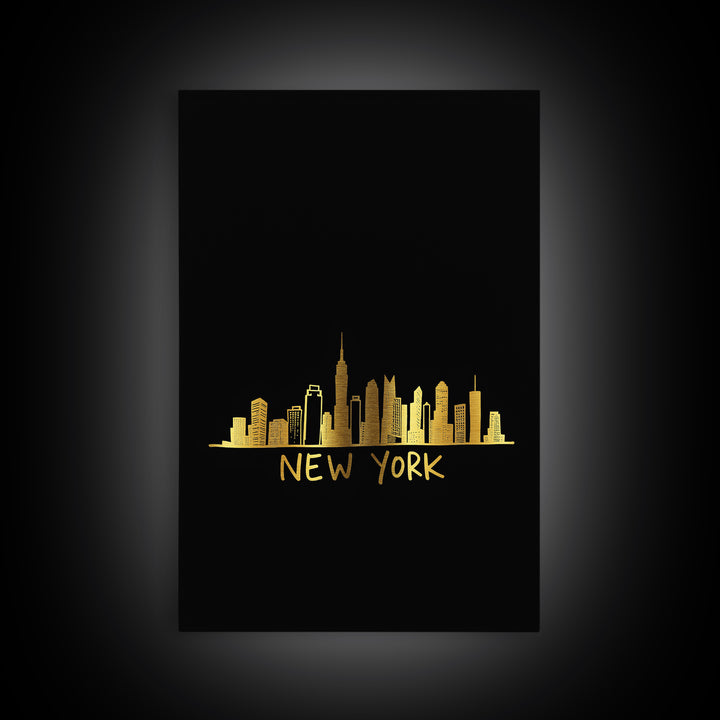 New York Travel Poster, Framed Canvas Print, Gold Outline Poster Art, New York Poster Print, Retro Travel Print, Vintage City Poster