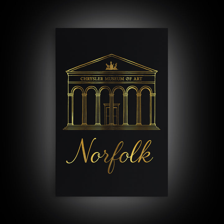 Norfolk Travel Poster, Framed Canvas Print, Gold Outline Poster Art, Norfolk City Art, Gift For Travelers, Travel Wall Art, Fine Art Print